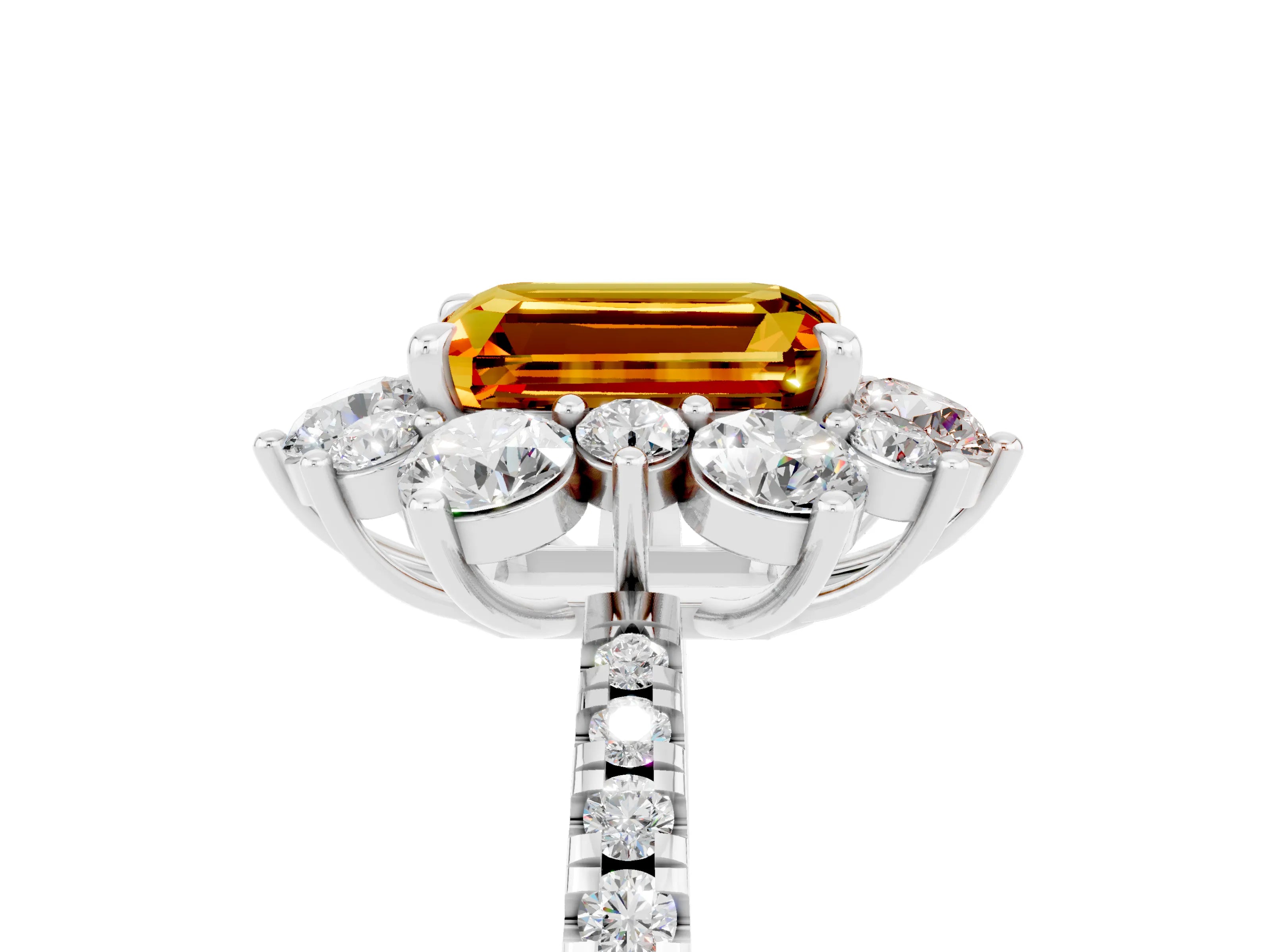White gold Emerald Cut Cut Diamond Floral Halo Pave Band with Prong Setting_5