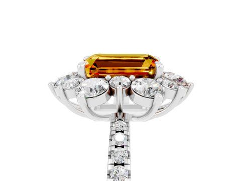 White gold Emerald Cut Cut Diamond Floral Halo Pave Band with Prong Setting_5