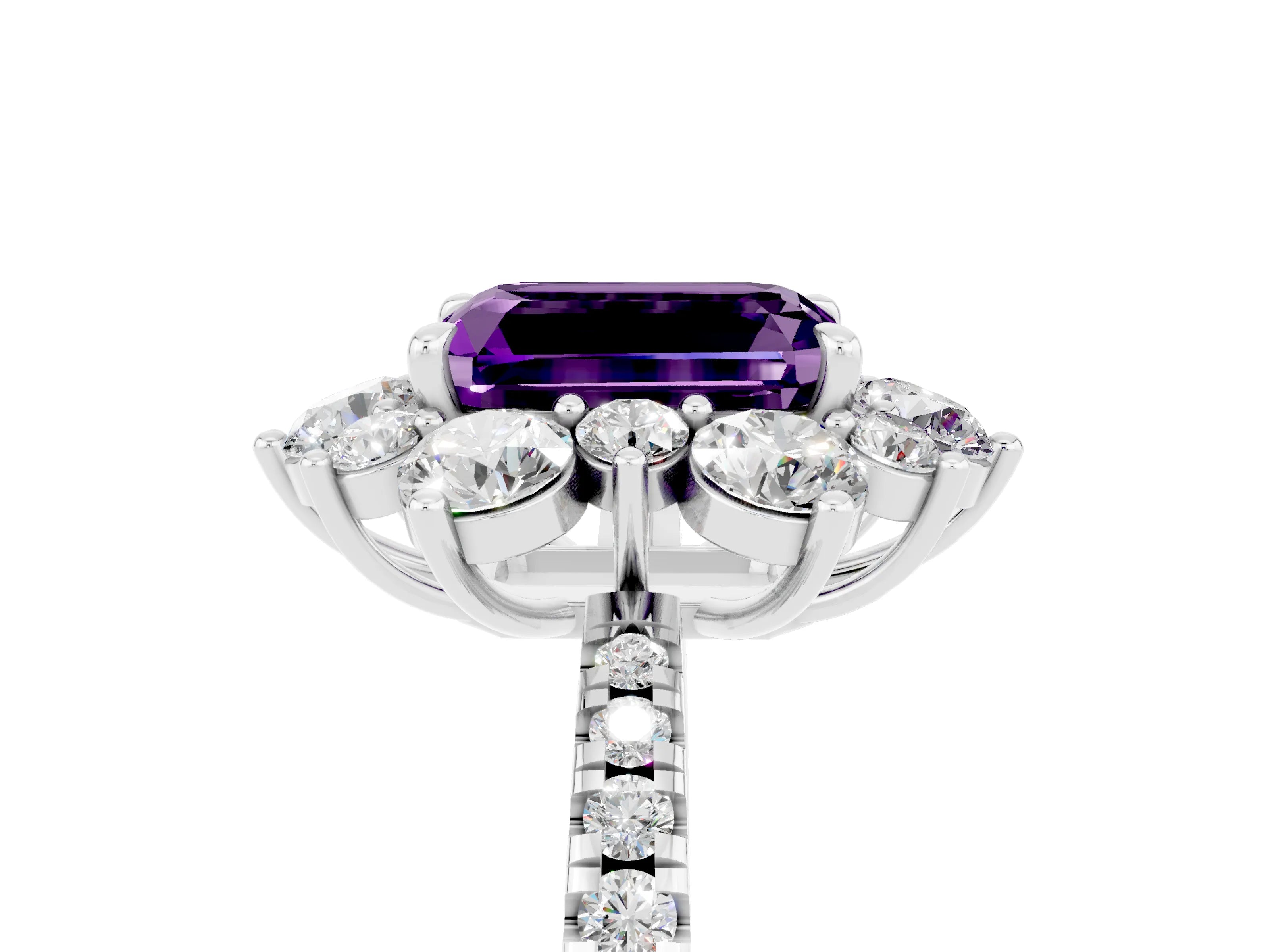 White gold Emerald Cut Cut Diamond Floral Halo Pave Band with Prong Setting_5