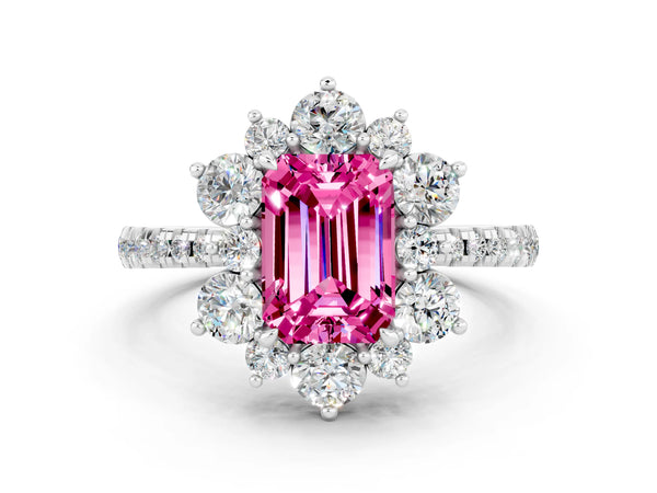 White gold Emerald Cut Pink Sapphire Floral Halo Ring with Round Pavé Band and Prong Setting