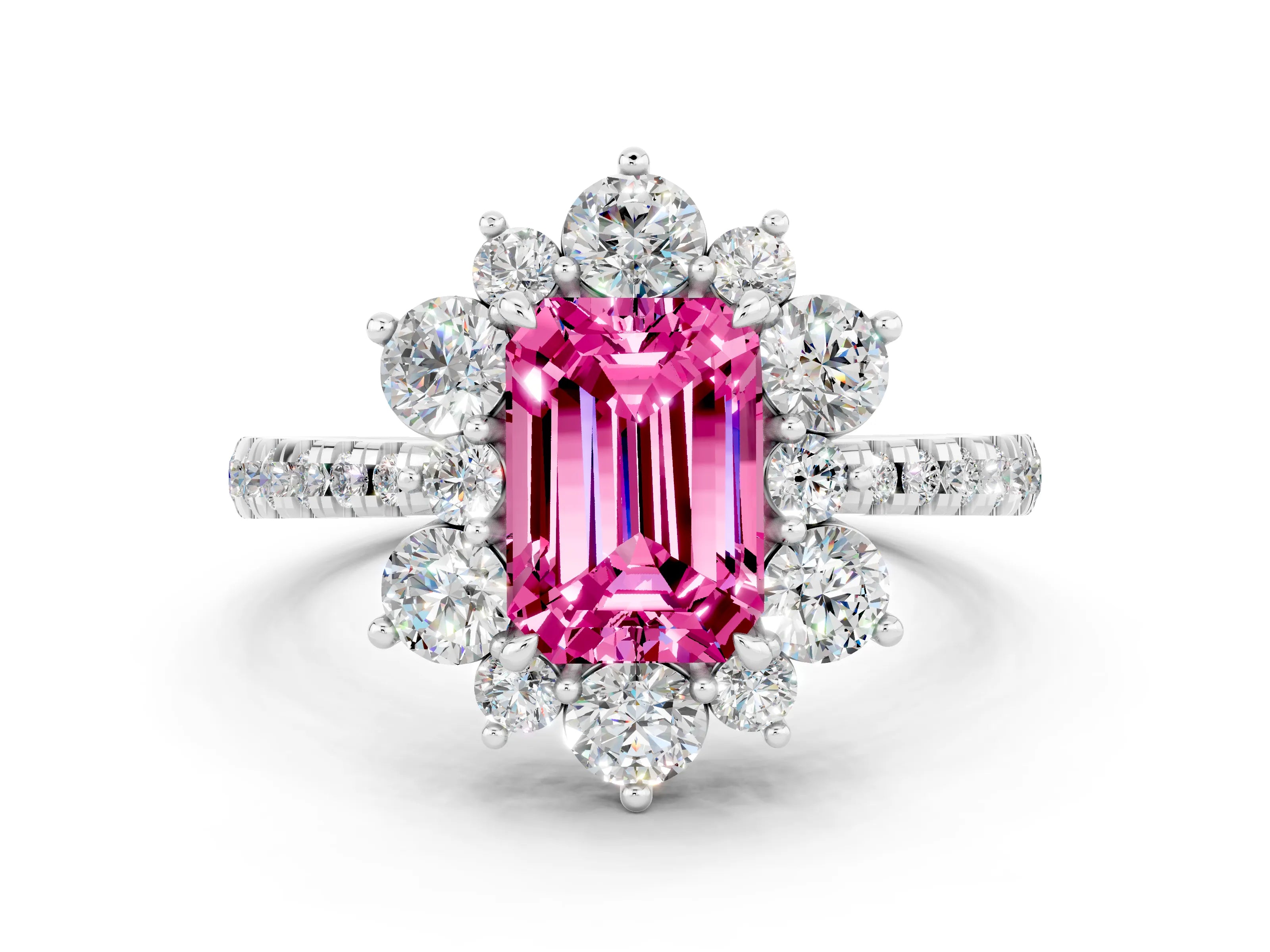White gold Emerald Cut Cut Diamond Floral Halo Pave Band with Prong Setting