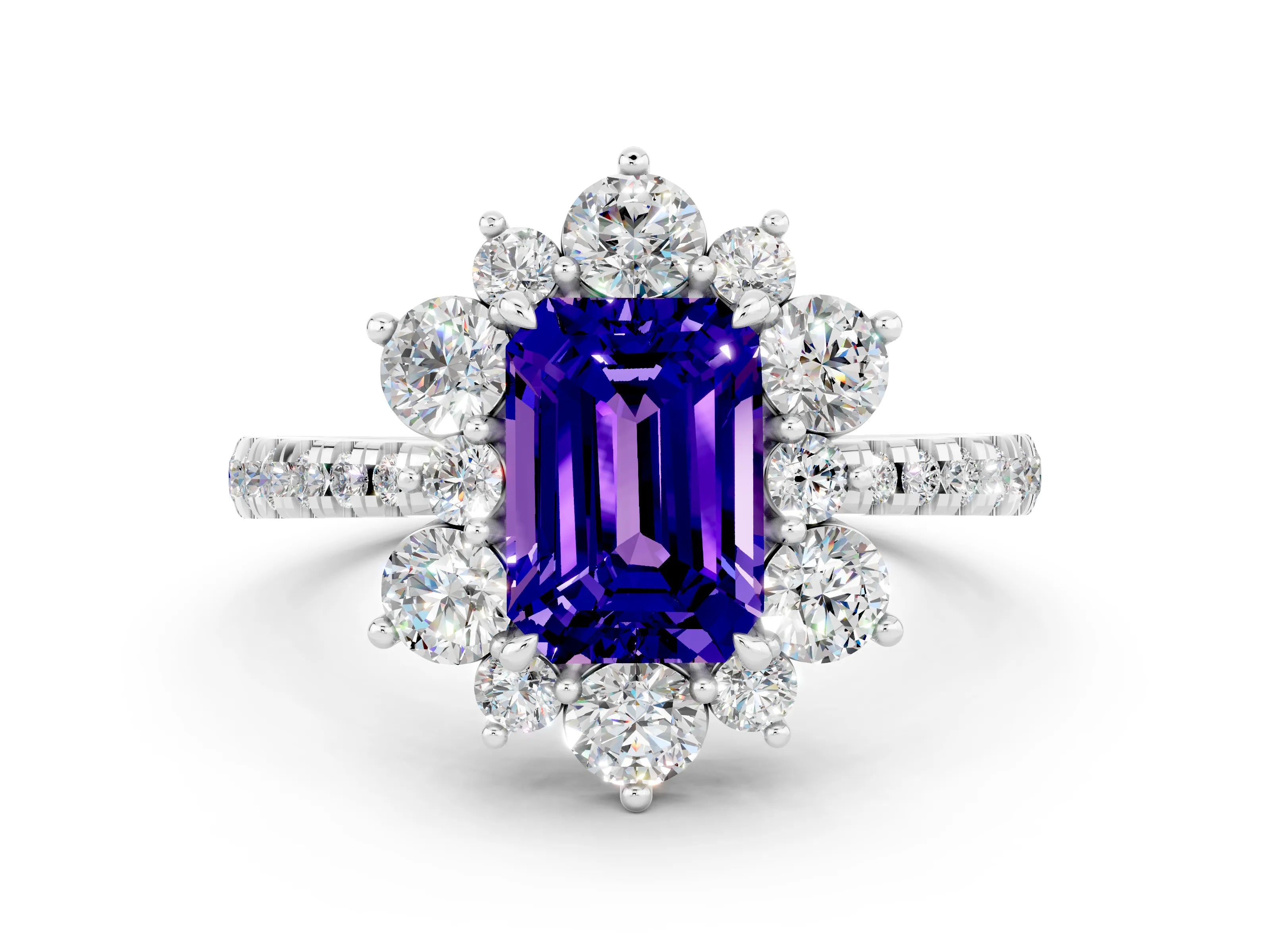 White gold Emerald Cut Cut Diamond Floral Halo Pave Band with Prong Setting
