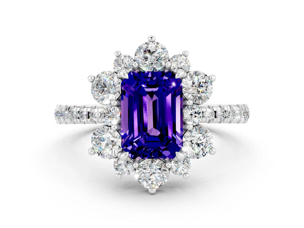 Silver Emerald Cut Tanzanite Floral Halo Ring with Round Pavé Band and Prong Setting