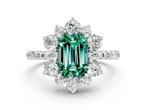 White gold Emerald Cut Cut Diamond Floral Halo Pave Band with Prong Setting