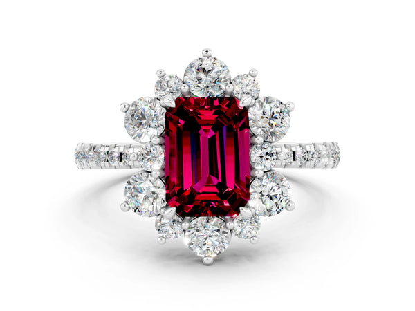White gold Emerald Cut Garnet Floral Halo Ring with Round Pavé Band and Prong Setting