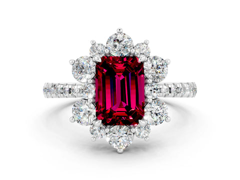 White gold Emerald Cut Cut Diamond Floral Halo Pave Band with Prong Setting