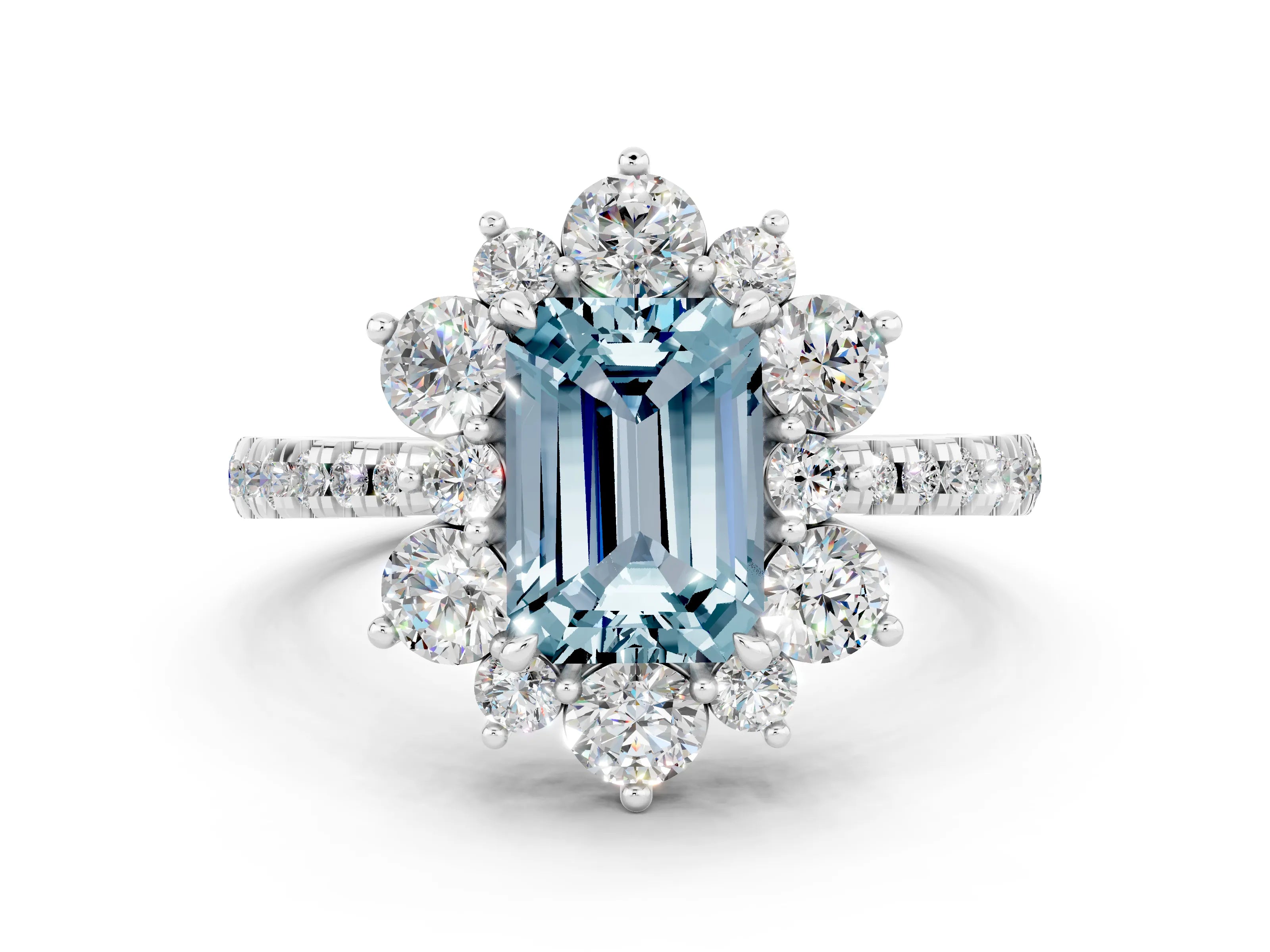 White gold Emerald Cut Cut Diamond Floral Halo Pave Band with Prong Setting