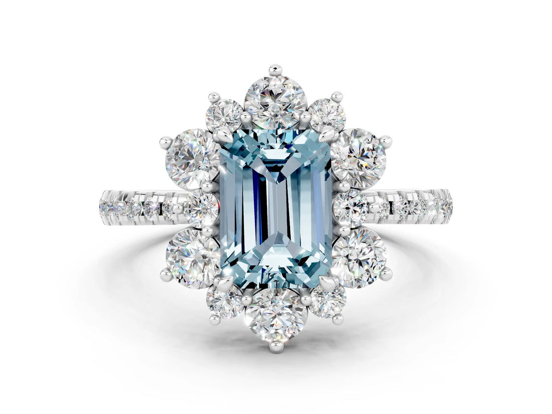 White gold Emerald Cut Cut Diamond Floral Halo Pave Band with Prong Setting