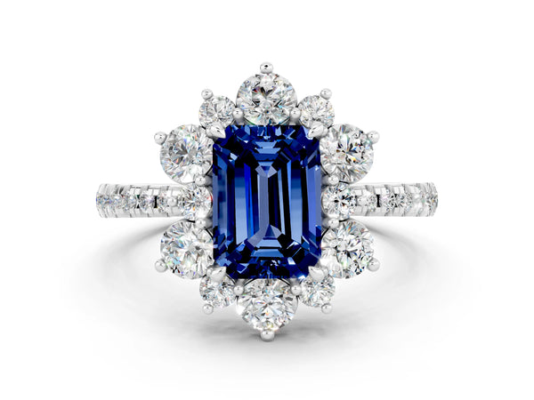 White gold Emerald Cut Blue Sapphire Floral Halo Ring with Round Pavé Band and Prong Setting