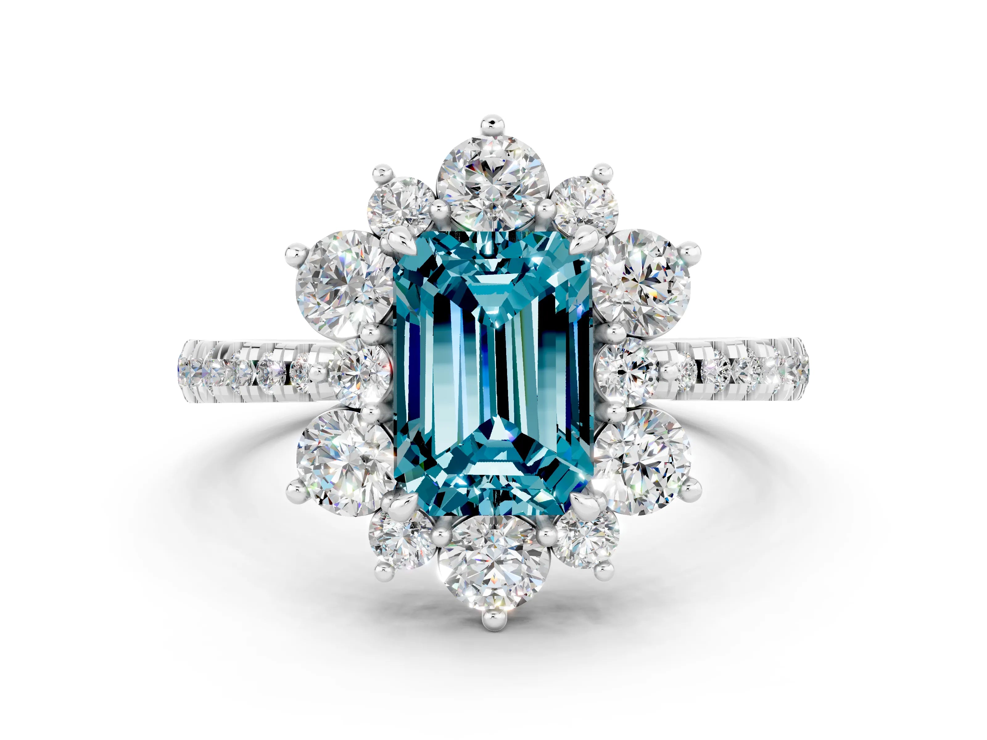 White gold Emerald Cut Cut Diamond Floral Halo Pave Band with Prong Setting