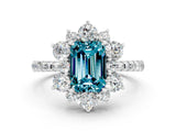 White gold Emerald Cut Cut Diamond Floral Halo Pave Band with Prong Setting