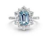 White gold Emerald Cut Cut Diamond Floral Halo Pave Band with Prong Setting