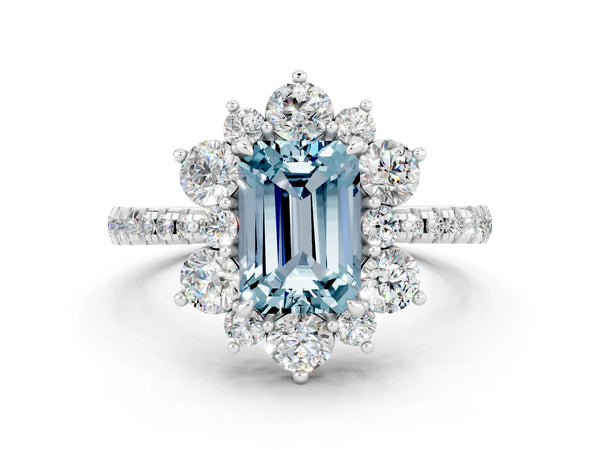 White gold Emerald Cut Aquamarine Floral Halo Ring with Round Pavé Band and Prong Setting
