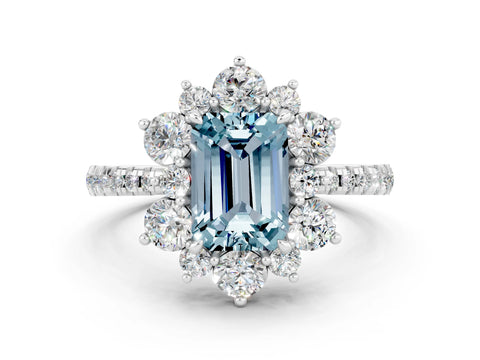 White gold Emerald Cut Cut Diamond Floral Halo Pave Band with Prong Setting