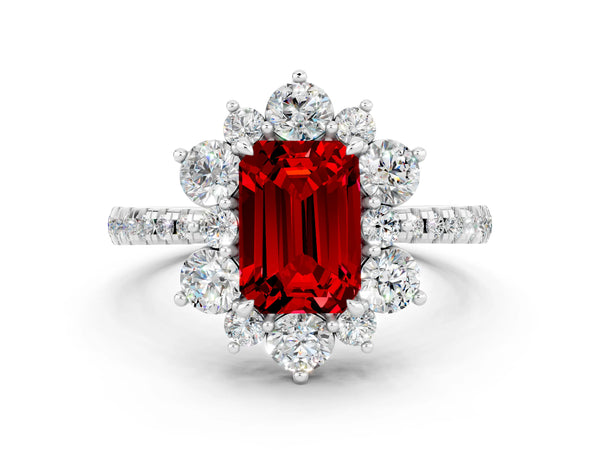 Silver Emerald Cut Ruby Floral Halo Ring with Round Pavé Band and Prong Setting