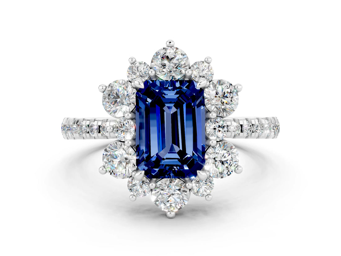 White gold Emerald Cut Cut Diamond Floral Halo Pave Band with Prong Setting