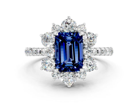 White gold Emerald Cut Cut Diamond Floral Halo Pave Band with Prong Setting