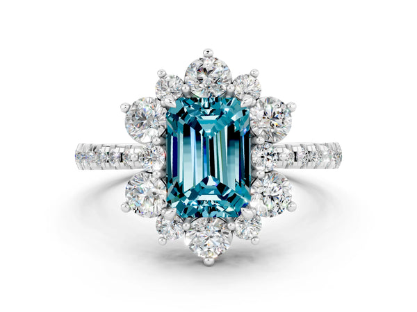 Silver Emerald Cut Cut Diamond Floral Halo Pave Band with Prong Setting