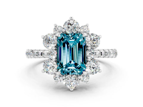 White gold Emerald Cut Cut Diamond Floral Halo Pave Band with Prong Setting