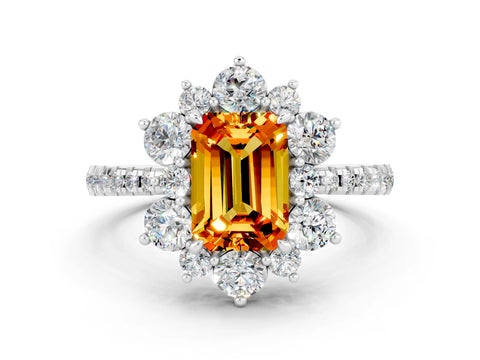 White gold Emerald Cut Cut Diamond Floral Halo Pave Band with Prong Setting