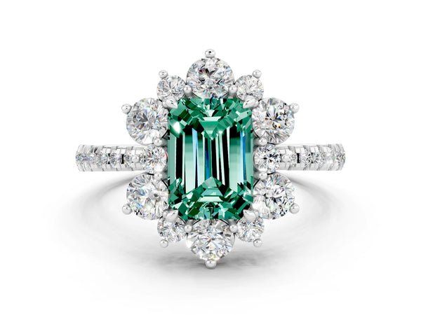 White gold Emerald Cut Green Sapphire Floral Halo Ring with Round Pavé Band and Prong Setting