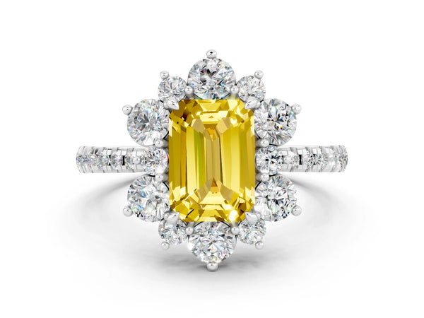 Platinum Emerald Cut Yellow Sapphire Floral Halo Ring with Round Pavé Band and Prong Setting