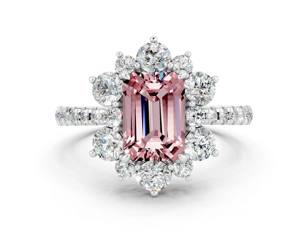 White gold Emerald Cut Cut Diamond Floral Halo Pave Band with Prong Setting