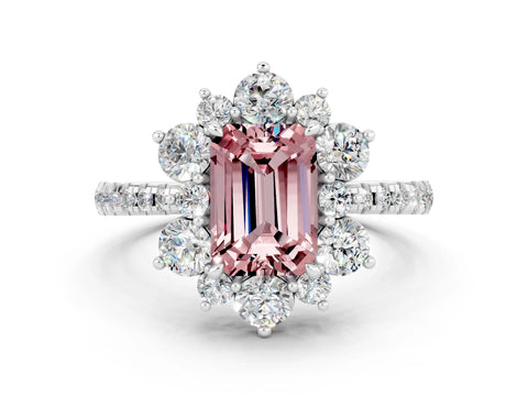 White gold Emerald Cut Cut Diamond Floral Halo Pave Band with Prong Setting
