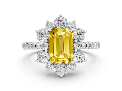 White gold Emerald Cut Cut Diamond Floral Halo Pave Band with Prong Setting