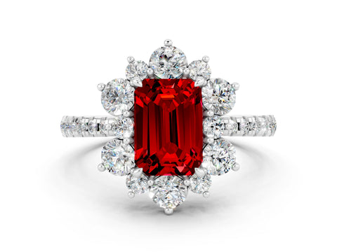 White gold Emerald Cut Cut Diamond Floral Halo Pave Band with Prong Setting