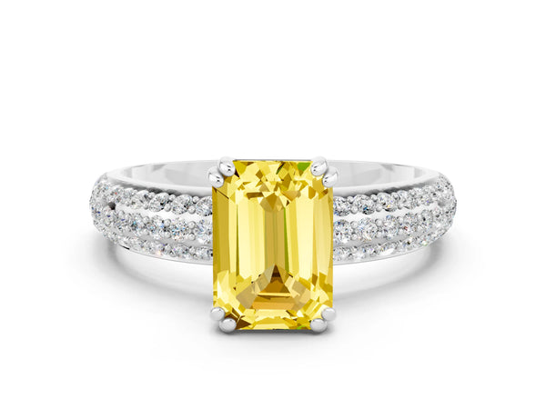 Silver Emerald Cut Yellow Sapphire Vintage Milgrain Ring with Round  Stations