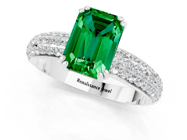 Silver Emerald Cut Emerald Vintage Milgrain Ring with Round  Stations