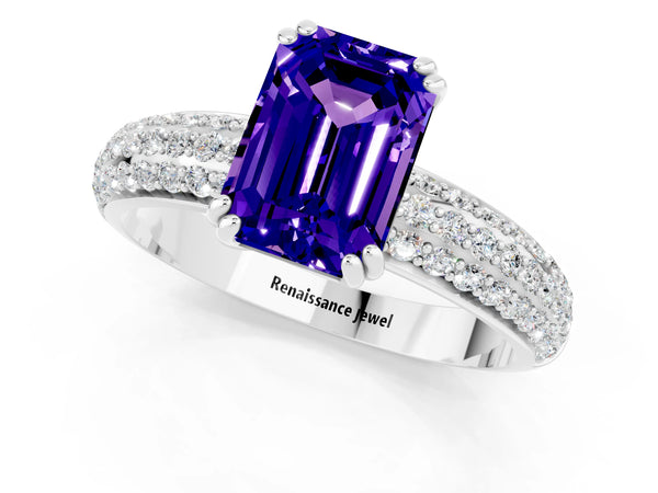Silver Emerald Cut Tanzanite Vintage Milgrain Ring with Round  Stations