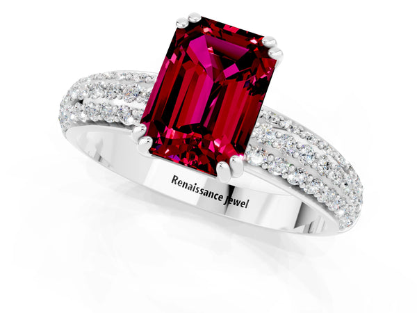 White gold Emerald Cut Garnet Vintage Milgrain Ring with Round  Stations