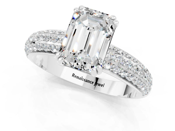 Silver Emerald Cut Moissanite Vintage Milgrain Ring with Round  Stations