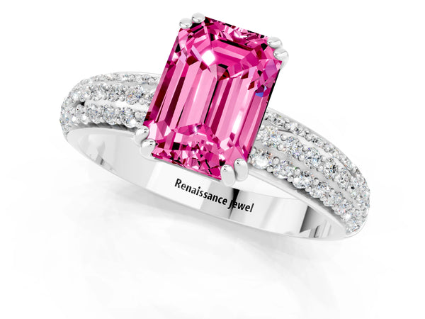 Platinum Emerald Cut Pink Sapphire Vintage Milgrain Ring with Round  Stations