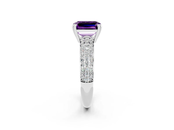 Platinum Emerald Cut Amethyst Vintage Milgrain Ring with Round  Stations
