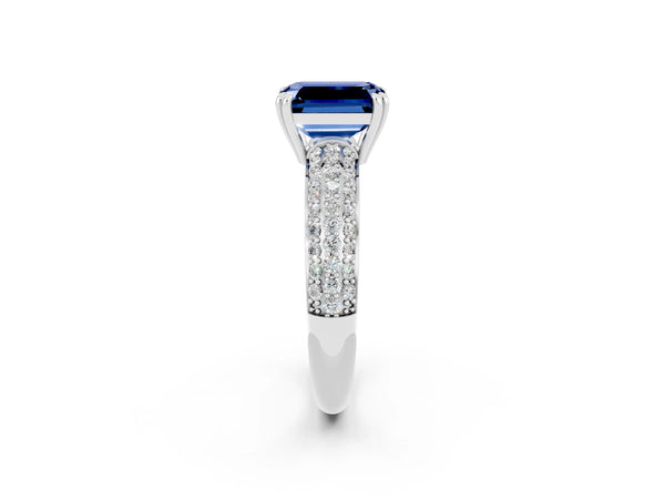 Platinum Emerald Cut Blue Sapphire Vintage Milgrain Ring with Round  Stations