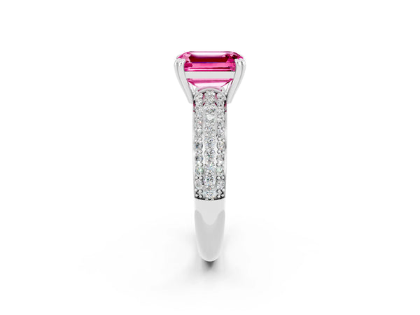 Platinum Emerald Cut Pink Sapphire Vintage Milgrain Ring with Round  Stations