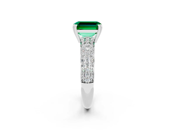 Silver Emerald Cut Emerald Vintage Milgrain Ring with Round  Stations