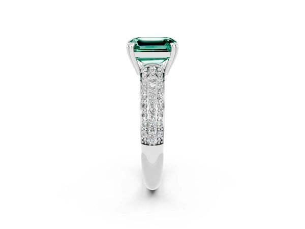 Platinum Emerald Cut Green Sapphire Vintage Milgrain Ring with Round  Stations