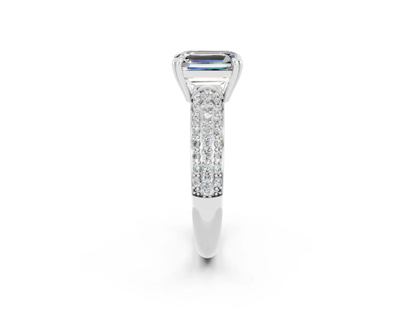 White gold Emerald Cut Moissanite Vintage Milgrain Ring with Round  Stations