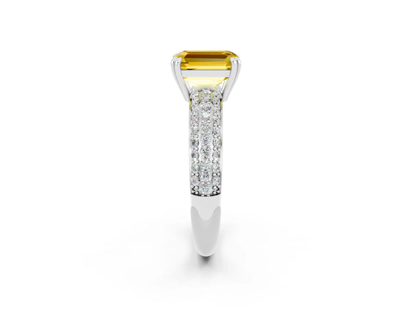 Silver Emerald Cut Yellow Sapphire Vintage Milgrain Ring with Round  Stations