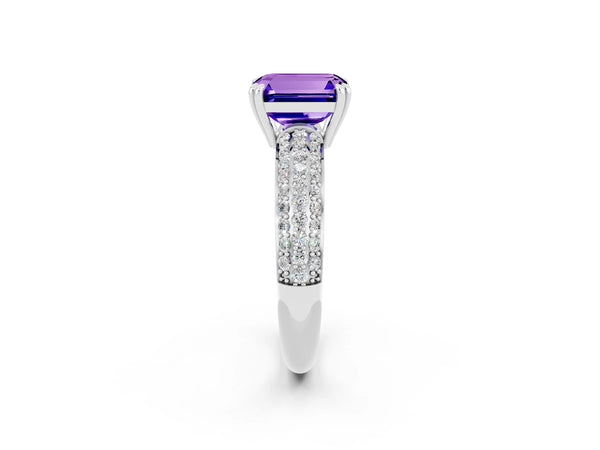 Platinum Emerald Cut Tanzanite Vintage Milgrain Ring with Round  Stations