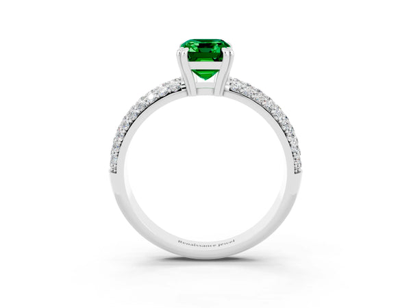 Platinum Emerald Cut Emerald Vintage Milgrain Ring with Round  Stations