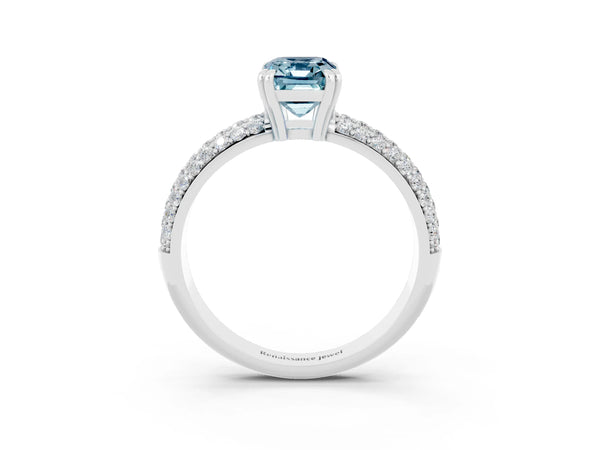 Platinum Emerald Cut Aquamarine Vintage Milgrain Ring with Round  Stations