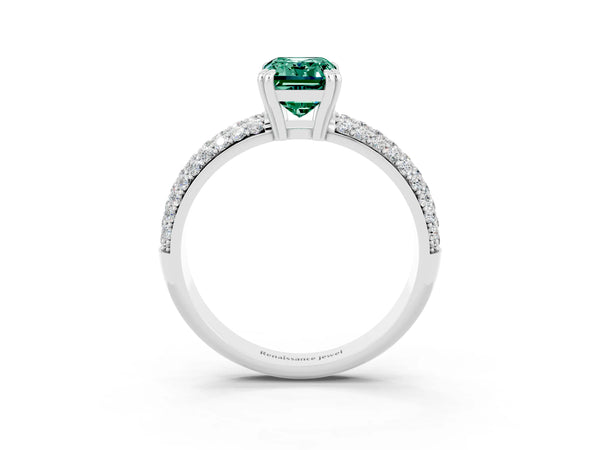 Silver Emerald Cut Green Sapphire Vintage Milgrain Ring with Round  Stations