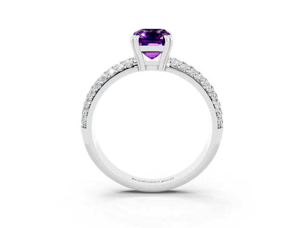Platinum Emerald Cut Amethyst Vintage Milgrain Ring with Round  Stations