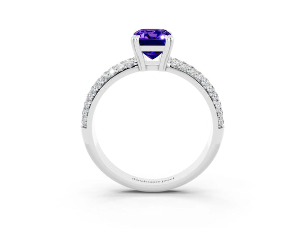 Silver Emerald Cut Tanzanite Vintage Milgrain Ring with Round  Stations