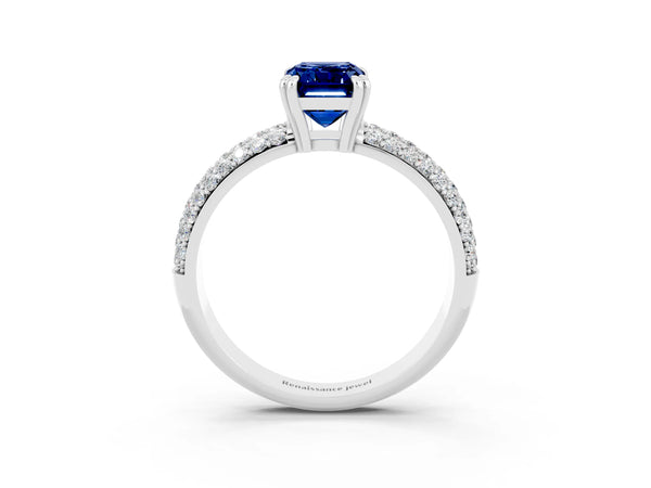 Platinum Emerald Cut Blue Sapphire Vintage Milgrain Ring with Round  Stations